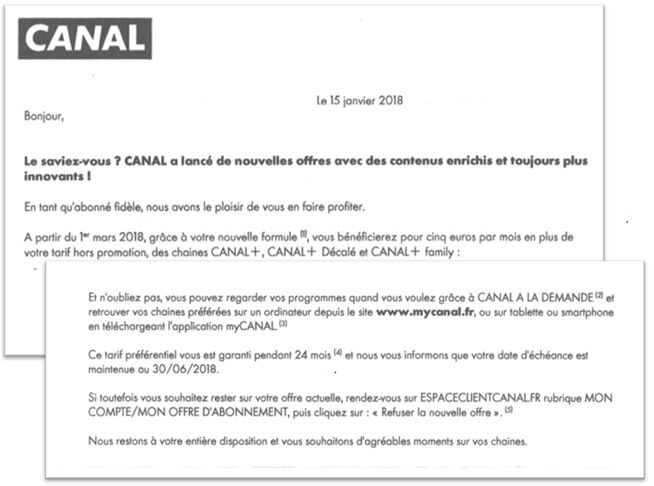 Exemple de courrier adressé par Canal+ à ses abonnés. Courriers Canal+