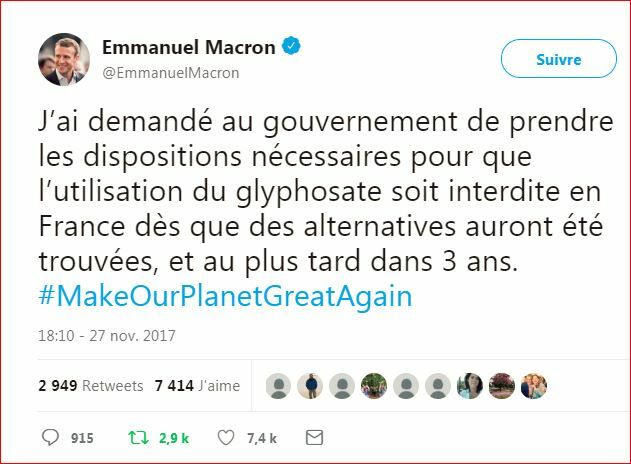 Tweet Emmanuel Macron demandant l'interdiction du glyphosate en France