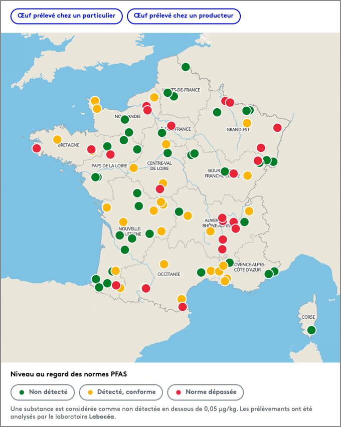 Carte de France indiquant les lieux de prélèvement des oeufs avec les taux de contamination au PFAS Carte de France indiquant les lieux de prélèvement des oeufs avec les taux de contamination au PFAS