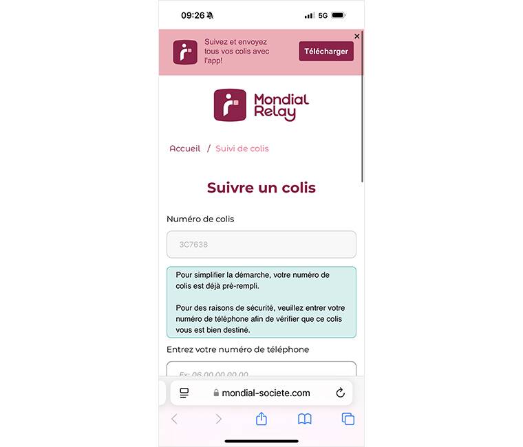 Le faux site de Mondial Relay sur lequel atterrissent les destinataires du SMS. Image