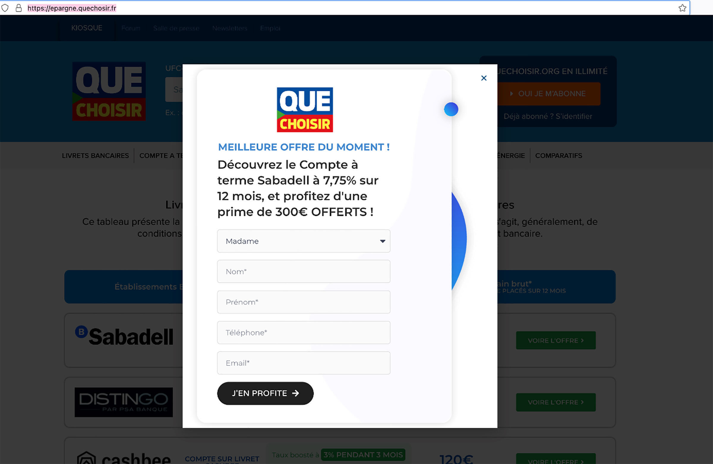 Le faux site de Quechoisir.org - Fenêtre d'offre