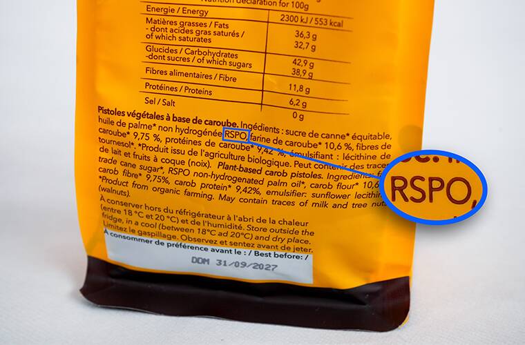 La mention RSPO sur l’emballage de Zerochoco. Image