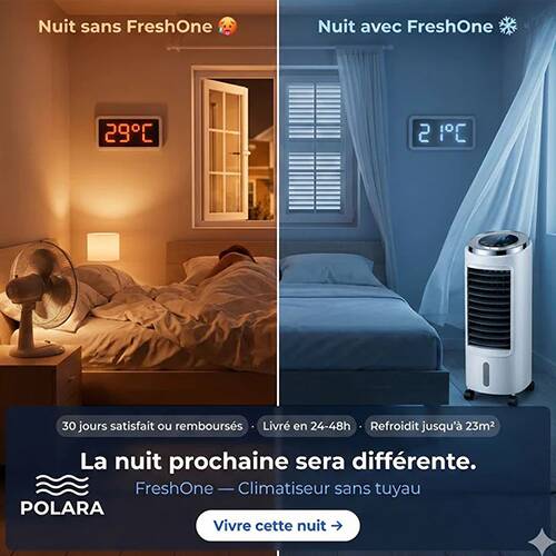 Sur le site de Polara, le FreshOne promet de passer de 29 °C à 21 °C. Climatiseur sans tuyau (vidéo) Que vaut le FreshOne de Polara ?