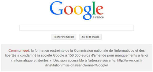 Condamnation Google message Cnil page Google