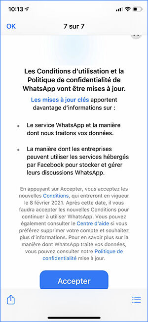 Conditions utilisation données WhatsApp