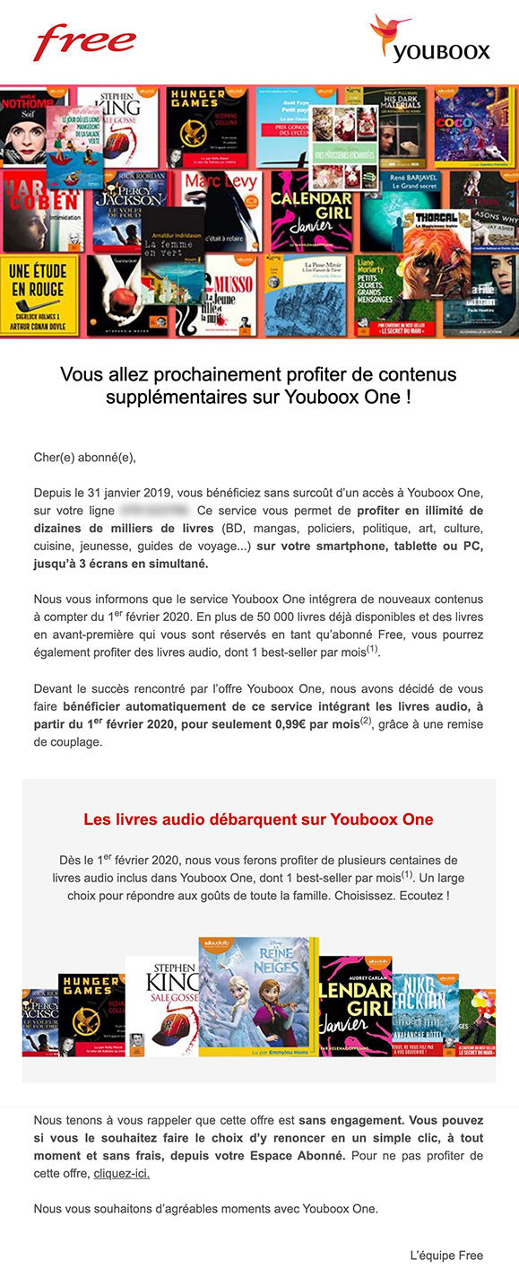 newsletter youboox free SFR hausse tarif