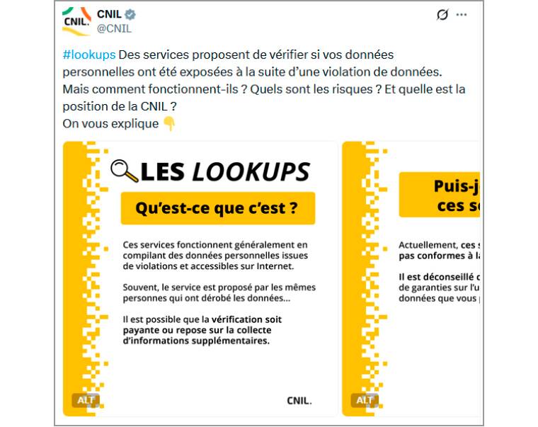 Sur le réseau social X, la Cnil explique le fonctionnement et les dangers des lookups. Image