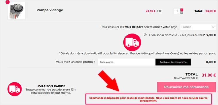 Impossible d’acheter une pièce détachée sur le site de Brandt. Image