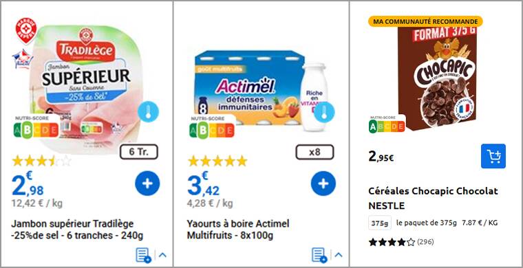 Quelques produits vendus sur des drives et comportant toujours l’ancien Nutri-Score. Image