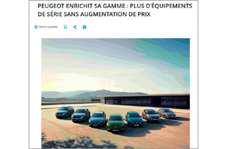 Le communiqué dans lequel Peugeot annonce son opération « plus d’équipements de série sans augmentation de prix ». Capture d'écran du communiqué de Peugeot sur l'annonce de son opération opération « plus d’équipements de série sans augmentation de prix ».
