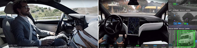 Les publicités de BMW, à gauche, et de Tesla, à droite, laissent penser que leurs véhicules sont autonomes.
