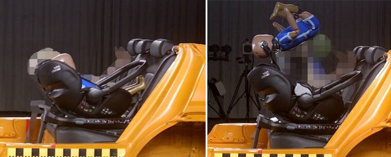Défaillance du Britax Römer Baby-Safe Pro + base Vario 5Z en choc frontal. Vue des tests de choc frontal avec le mannequin qui est éjecté du siège