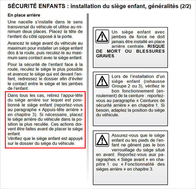 La grande majorité des constructeurs automobiles conseillent de retirer l’appuie-tête pour installer un siège auto. Image