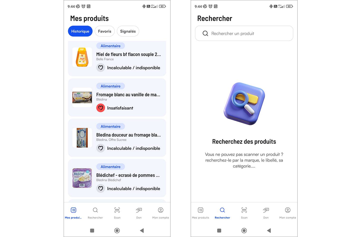 Mes produits et Recherche application QuelProduit