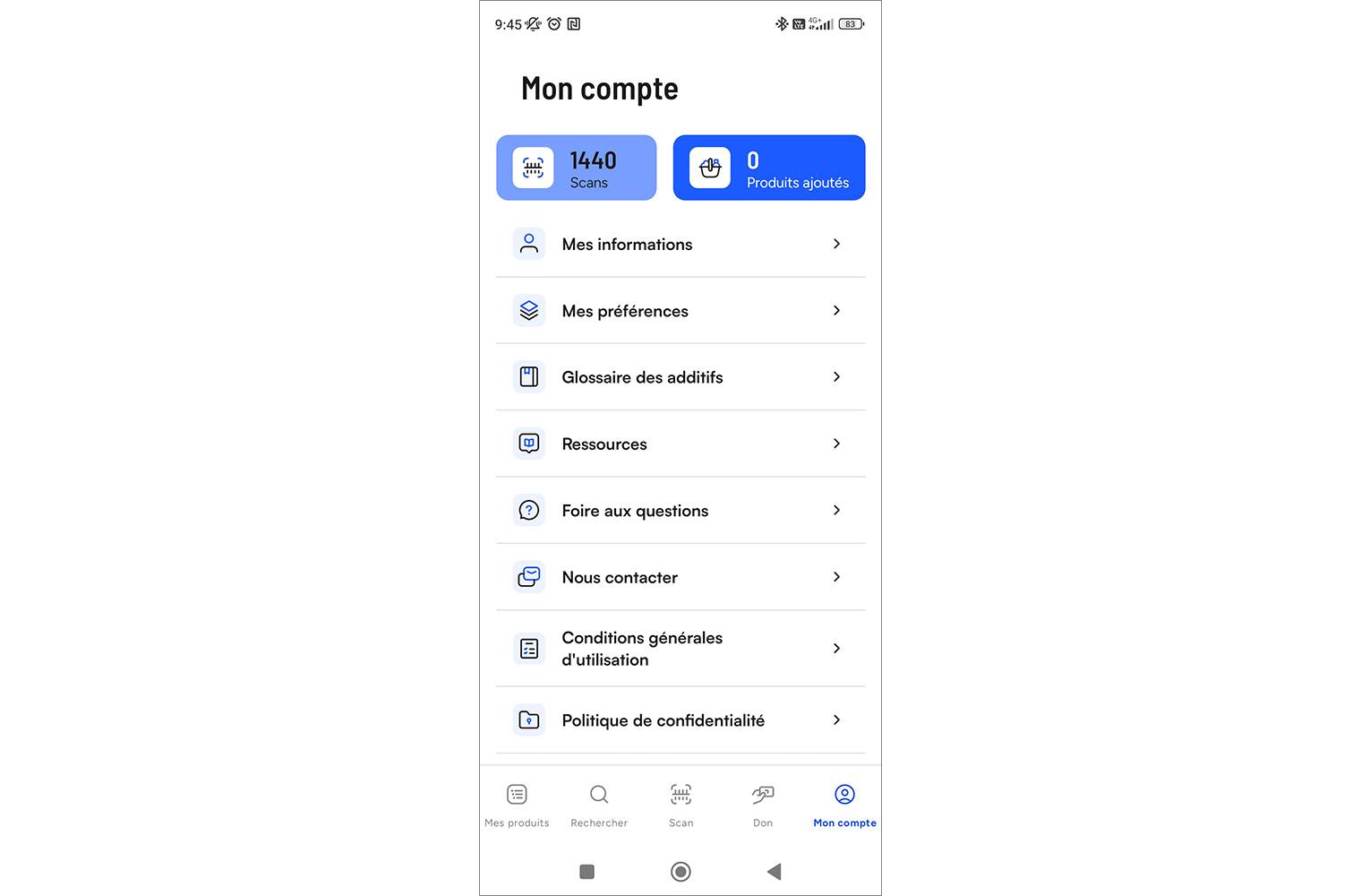 Mon compte application QuelProduit