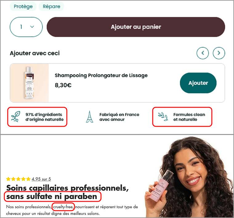 Certaines marques n’hésitent pas à utiliser des allégations « green » sur leur site, comme Activlong et RoseBaie. Image