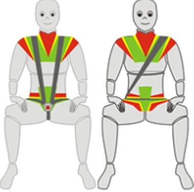 En vert, les zones de bon positionnement de la ceinture ou du harnais, en rouge le mauvais. Position de la ceinture ou du harnais