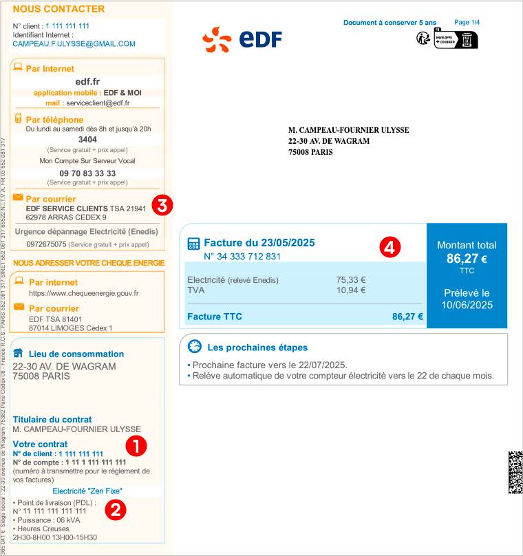 Première page d'une facture EDF