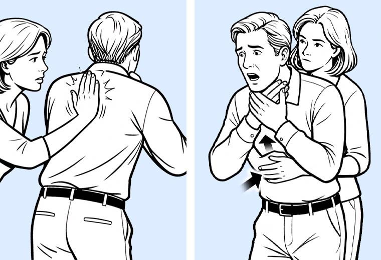 Illustrations détaillant les gestes à adopter en cas d'obstruction totale Illustrations détaillant les gestes à adopter en cas d'obstruction totale