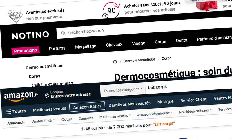 Cosmétiques sur Internet Amazon et Notino, mauvais élèves