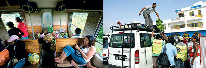 En voyage, privilégiez les transports locaux (train à Madagascar, à gauche, et bus au Cap-Vert, à droite).