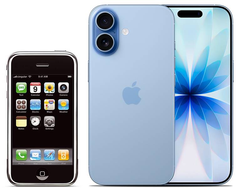 À gauche, le premier iPhone, lancé en 2017 et à droite, l’iPhone 17. guide achat smartphone 2026 iPhone1 et 17