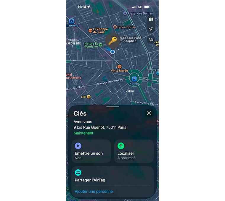 Une fois localisé, vous pouvez faire sonner le traceur pour le localiser plus facilement. Image