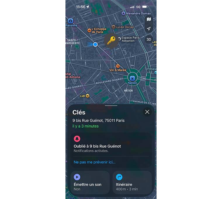 Une notification prévient l’utilisateur qu’il a oublié ses clés ou son sac. Image