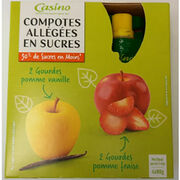 Gourdes de compotes allégées en sucres pomme-fraise et pomme-vanille Casino